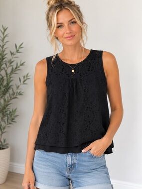 Eve & Maddie Black Eyelet Sleeveless Blouse Size Large Lined Cotton Blend Summer